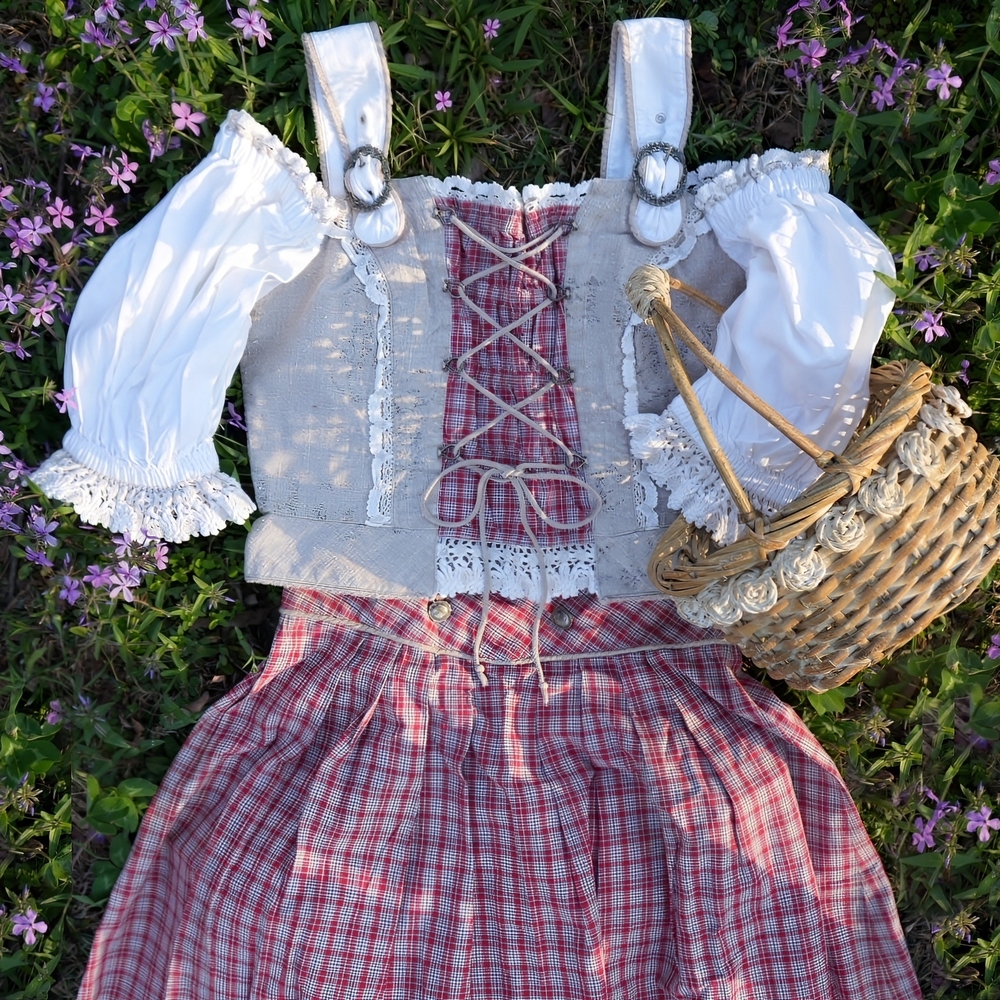 Vintage Red-Beige Plaid Skirt w/ Blouse Set, Oktoberfest, Dirndl, Cottagecore